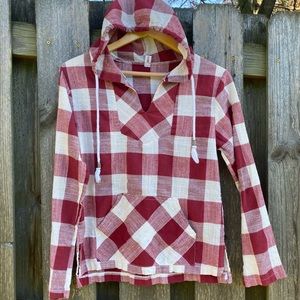 Girls XL Linen Red/White Buffalo Plaid Check Hooded Long Sleeve Top Hood…